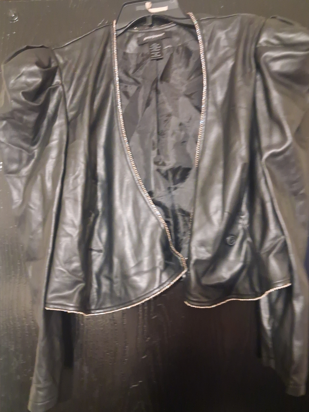Black Faux Leather Puffed Shoulders Jacket with Silver Trim Size 14